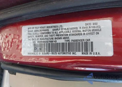 2002 Subaru Outback z USA, uszkodzony, nr VIN 4S3BH665X27656143